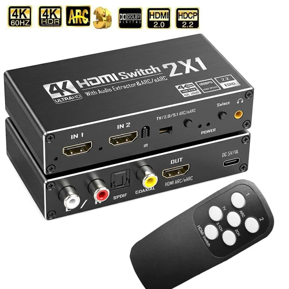 HDMI Switch With audio extractor Splitter audio HDMI 4K 60Hz 2 in 1 output from HDMI to coaxial + toslink Spdif + stereo audio L/R + ARC HDMI