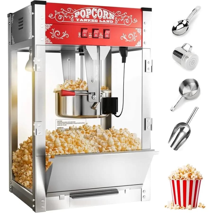 Macchina per Popcorn Commerciale da 16 Oz, 1440 W, Rossa, da Tavolo, con Controllo a 3 Interruttori, Telaio in Acciaio, Porte in Vetro Temperato