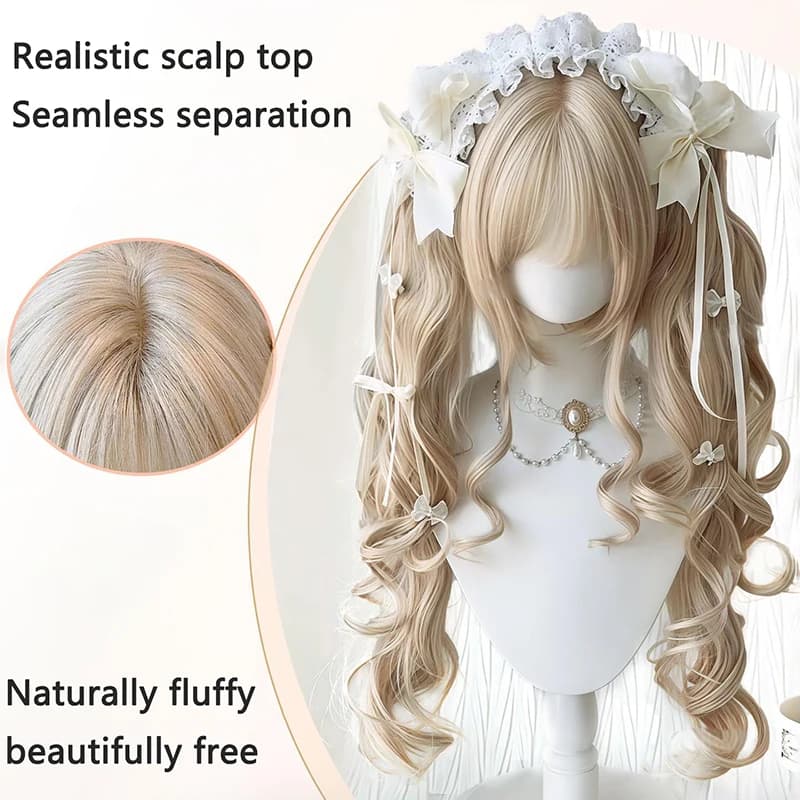 Parrucca Gothic Lolita con Doppia Coda di Cavallo, Riccioli Morbidi, Biondo Latte, Resistente al Calore, Capelli Sintetici per Donne, Cosplay, Uso Quotidiano, Feste in Costume