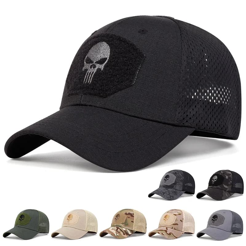 Cappello Tattico Skull Airsoft Regolabile Traspirante con Visiera Parasole, Berretto da Camionista in Rete per Caccia ed Escursionismo, Cappellino da Baseball Snapback Gorra