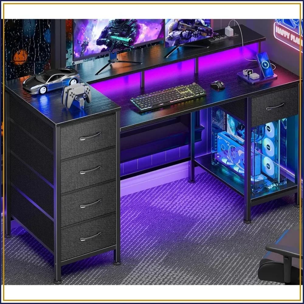 47 Inch Gaming Desk with Power Outlets & LED Lights, Reversible Computer Desk with 5 Fabric Drawers, Home Office Desk with Monitor Stand, Black