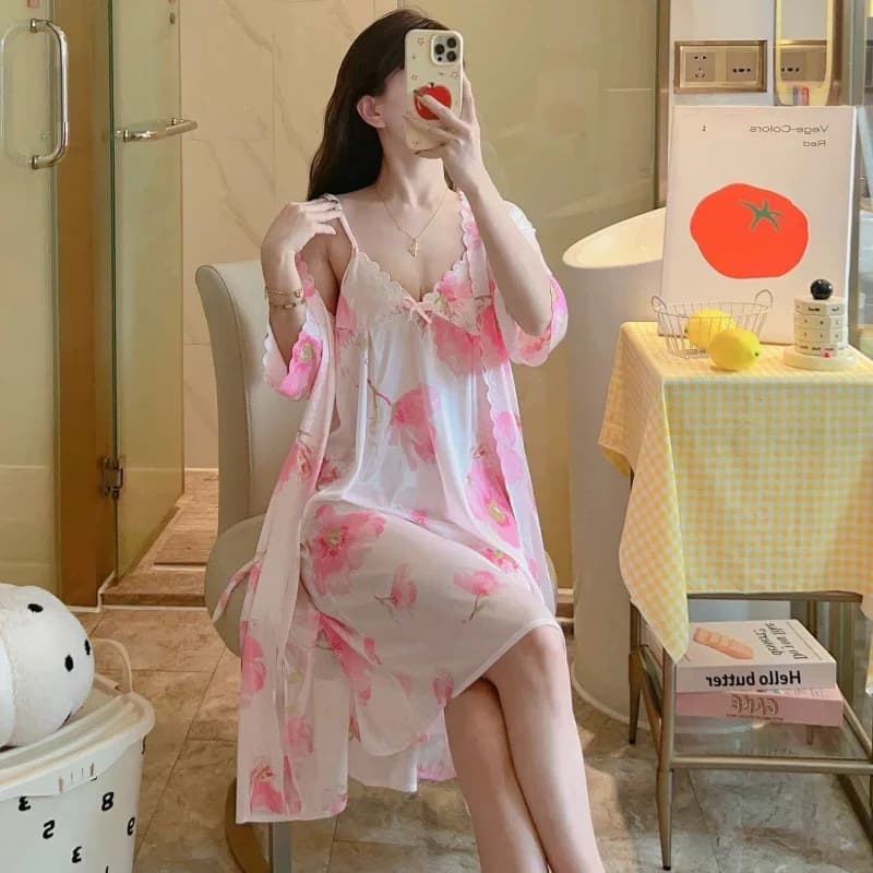 Women Summer 2 Piece Sexy Ice Silk Pajamas Set Sweet Floral Cami Nightgown With Kimono Robe Sleepwear Loungewear Dress