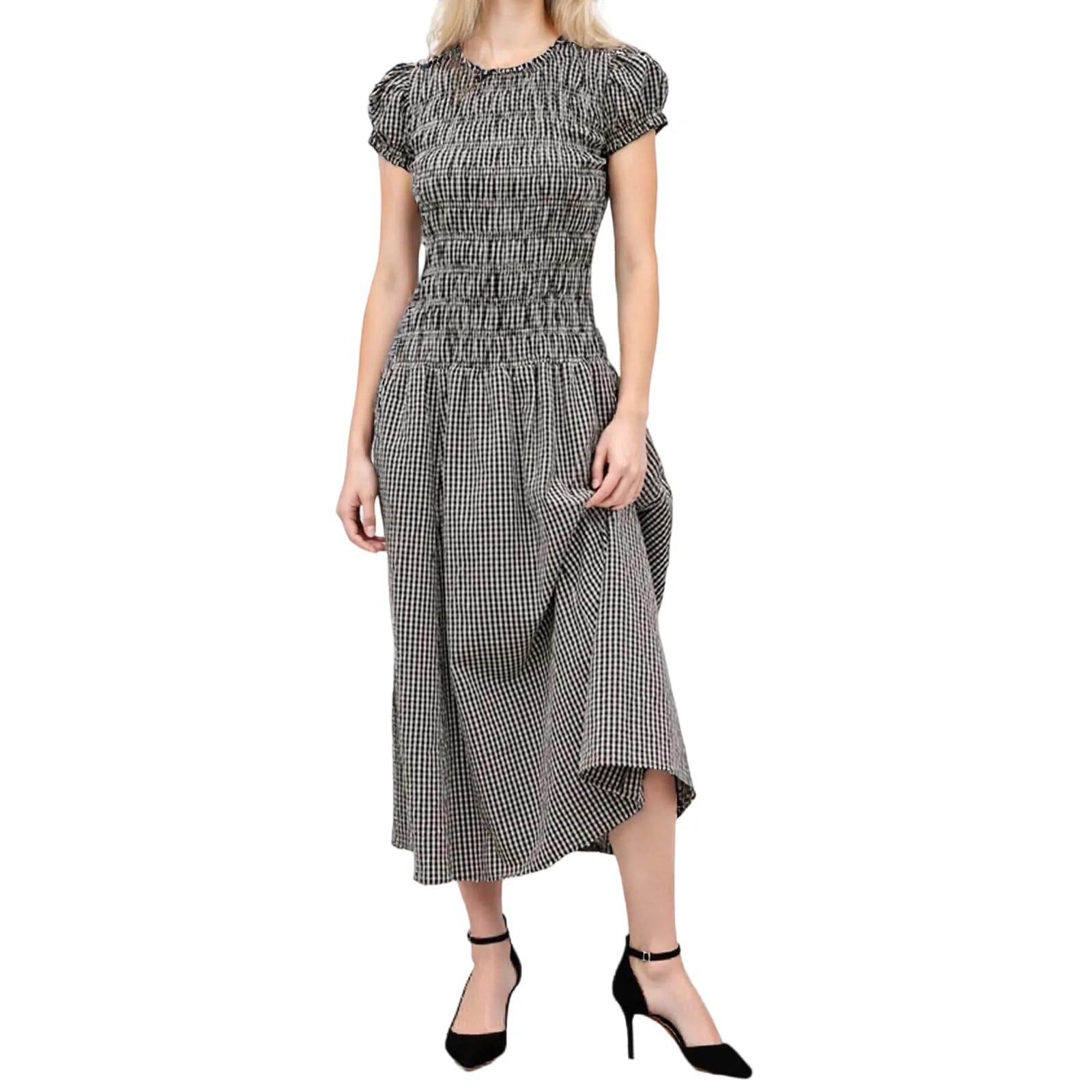 Abito lungo da donna con stampa a quadretti, maniche corte, girocollo, abito smock, abito midi primavera estate