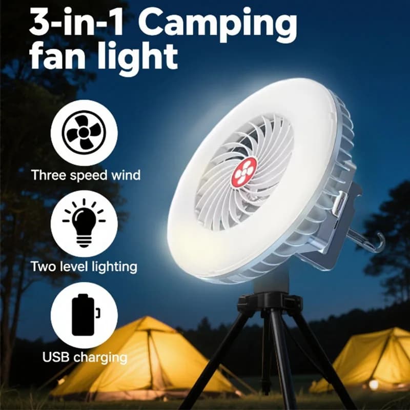Ventilatore da campeggio a LED 3 in 1 Illuminazione multifunzione Ventilatore elettrico Lampada da tenda sospesa Ricarica USB Ventilatore estivo portatile con alimentazione
