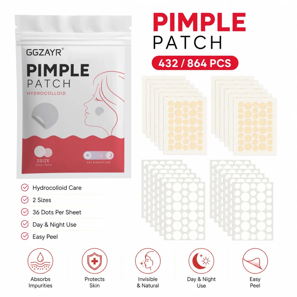432/864pcs Hydrocolloid Pimple Patch Set, White & Nude Round Dot Stickers, 2 Sizes, Day & Night Use