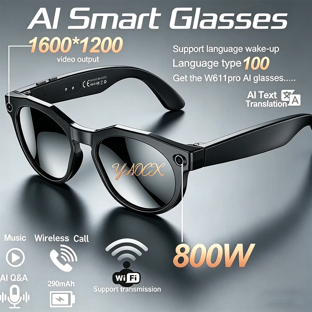 Occhiali Smart AI con Traduzione in Oltre 100 Lingue, Riconoscimento Oggetti, Registrazione Video 800W Pixel, Chiamate Bluetooth