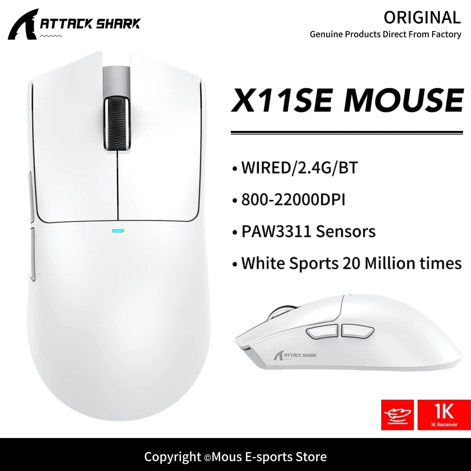 ATTACK SHARK X11 SE Mouse da gioco wireless 22000 DPI, sensore PixArt PAW3311, BT/2.4G/cablato, 59 g leggero, clic 2000 W