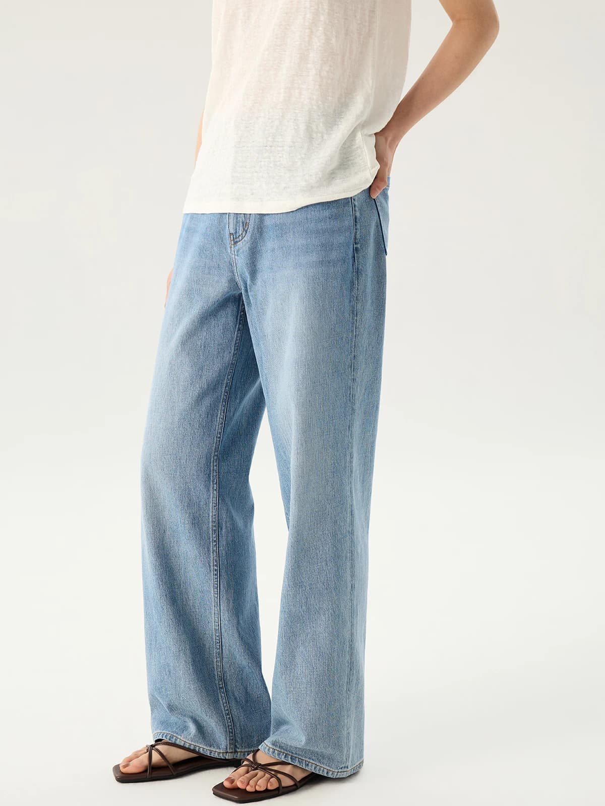 Blue Straight Leg Jeans 100% Cotton Enzyme Wash Versatile Spring Summer Ladies Comfortable Fit Natural Waist Button Clo...