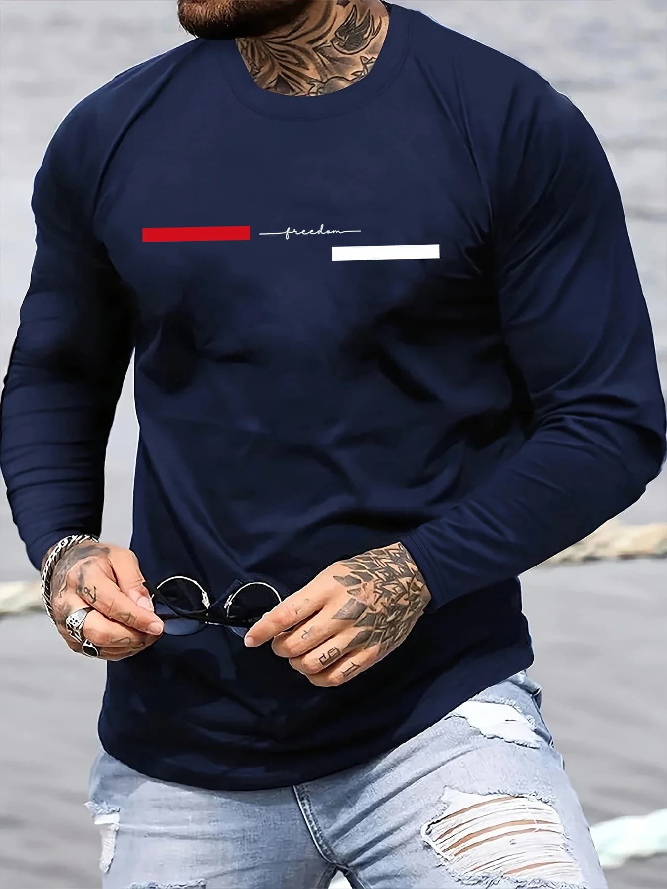 Red black Line men's long sleeved round neck loose casual freedom letter pattern printed spring and autumn versatile T-shirt