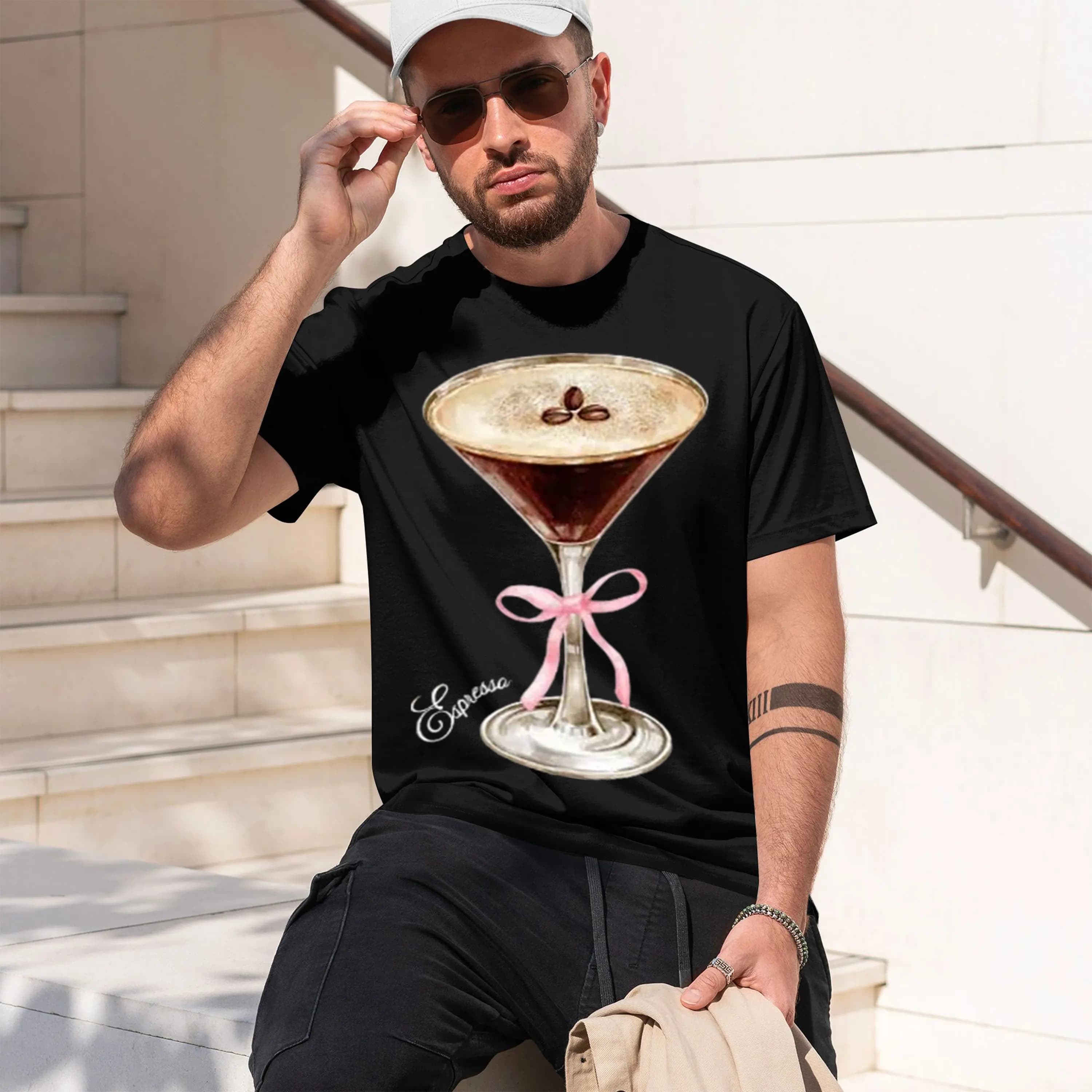 Class Cocktail Design Men's T-Shirt Glass With Pink Ribbon And Coffee Beans Summer Drink Theme Gift For Cocktail Lovers 2026 New