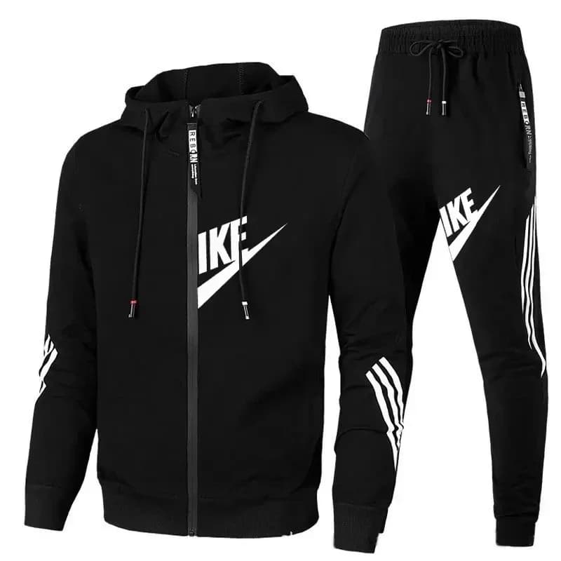 Outdoor sport jogger outfit. Soft knit zip hoodie with side striped print, adjustable hood, elastic waist joggers for training.