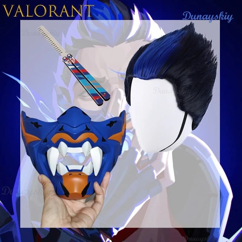 Tanjong VALORANT Yoru Cosplay Wig With Bangs Smooth Hair disfraz Gradient Blue Highlights Jester Mask Half-Face Prop Anime Props