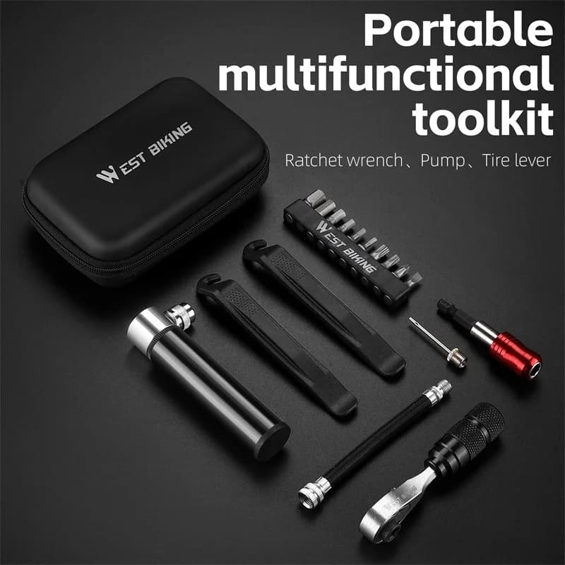 WEST BIKING Bike Repair Kit Ratchet Wrench Pump Tire Lever Magnetic Bits Aluminum Portable Cycling Emergency Accessory