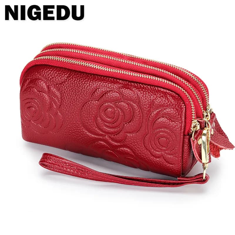 Pochette da donna in vera pelle Portafoglio lungo da donna Borsa da polso con cerniera multistrato Portamonete femminile Fiori Borsa per cellulare
