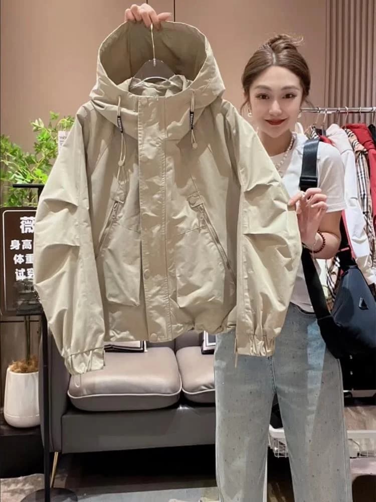 Giacca da donna elegante con cappuccio a maniche lunghe, stile baseball, antivento, con cerniera e tasche, per primavera e autunno