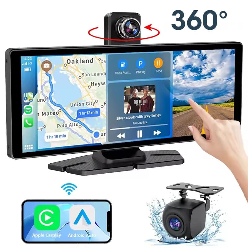 Schermo Vtopek Carplay per auto, stereo per auto Android wireless portatile da 10,26", 360 ° Ruota DVR per auto con touch screen con lente, telecamera posteriore