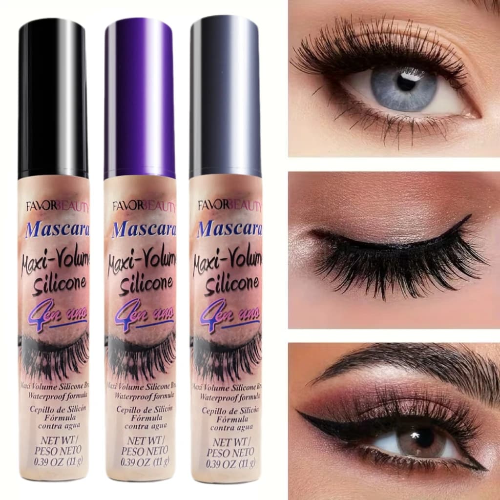 Set of volumizing mascara in 3 pack includes three different applying tips, waterproof, long-lasting, creates thicker eyelashes.