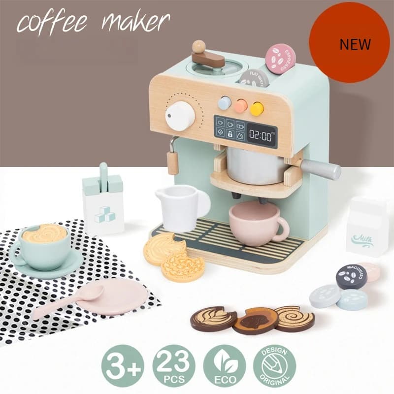 Set Giocattolo in Legno per Caffettiera, Simulazione di Biscotti, Gioco Educativo per Bambini e Bambine, Regalo per Ragazzi e Ragazze