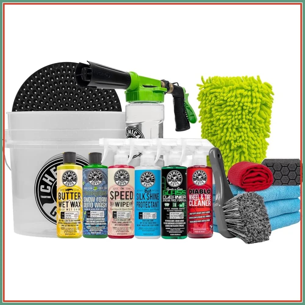 Kit di Pulizia Auto da 16 Pezzi con Cannone Schiumogeno per Tubo da Giardino, Secchio e 6 Prodotti Chimici per la Cura dell'Auto