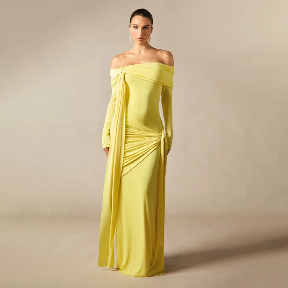 Abiti da Sera Eleganti da Donna, Vestiti Formali con Maniche Lunghe Plissettate, Abiti da Cerimonia Modesti per Donne