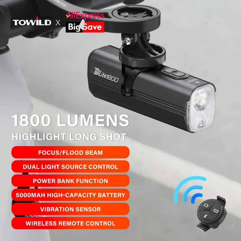 TOWILD Luci per bicicletta 1200LM/1800LM Messa a fuoco/fascio di inondazione Doppia sorgente luminosa LED Luci anteriori per bici intelligenti IPX6 Fari per ciclismo Mtb