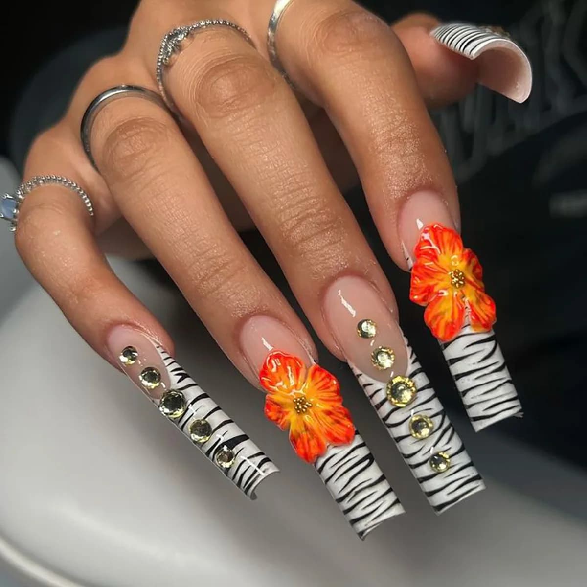 24 pieces of flowers print on nails artistic lines french tips long square fingernails with design of rhinestones set of nails fake nail manicure in coffin