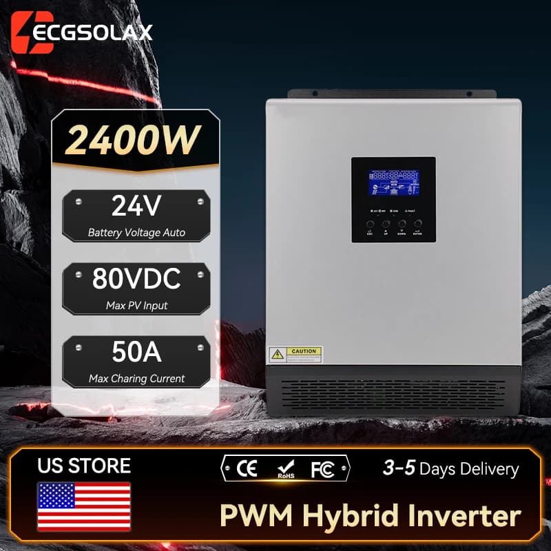 Inverter Solare Ibrido ECGSOLAX 2400W 24V 110V Onda Pura Off-Grid 3KVA con Caricatore Solare PWM 50A 50HZ/60HZ