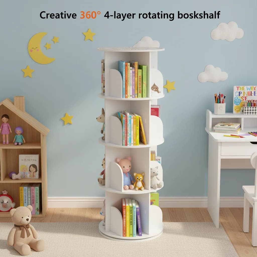 Scaffale girevole a 4 livelli Libreria regolabile portante da 60 kg Scaffale di stoccaggio adatto ai bambini per l'home office Storage della camera dei bambini