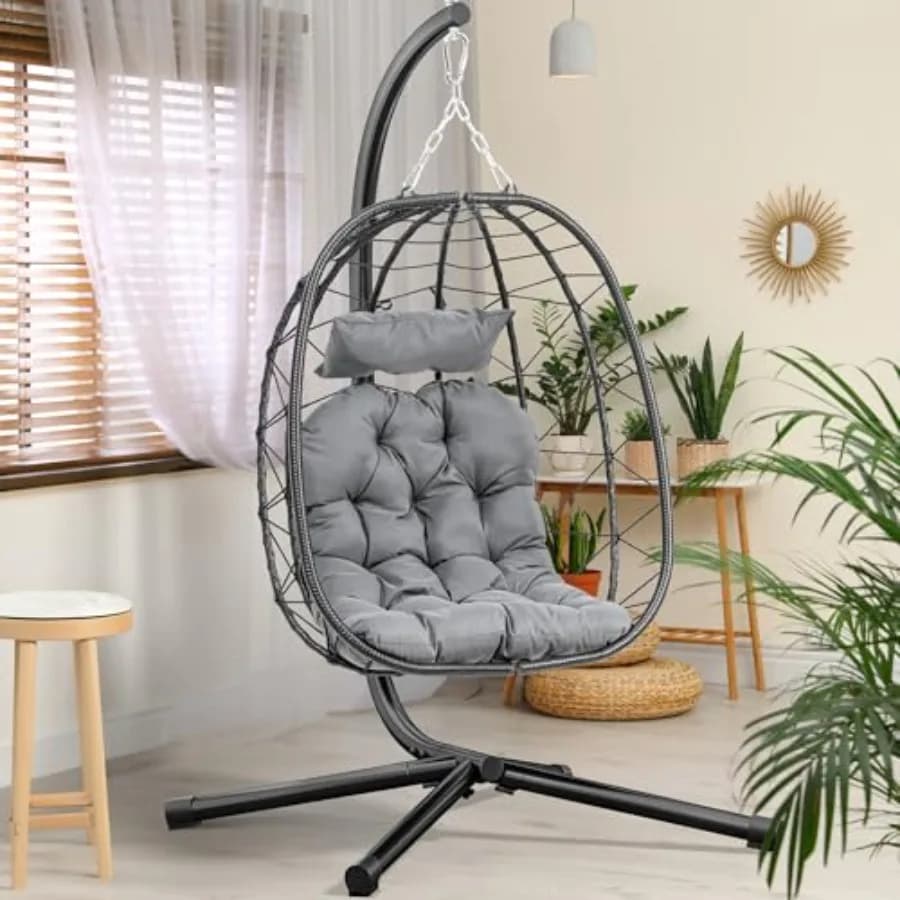 Sedia a dondolo a uovo sospesa con supporto, in vimini, per interni ed esterni, con cuscini, portata 150 kg, per patio, camera da letto, giardino