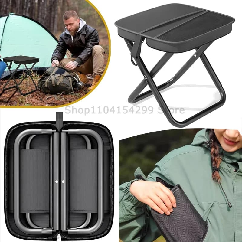 Portable Folding Stool for Adults, Black Lightweight Camping Seat, Compact Design for Fishing, Hiking, Gardening, Beach Activiti