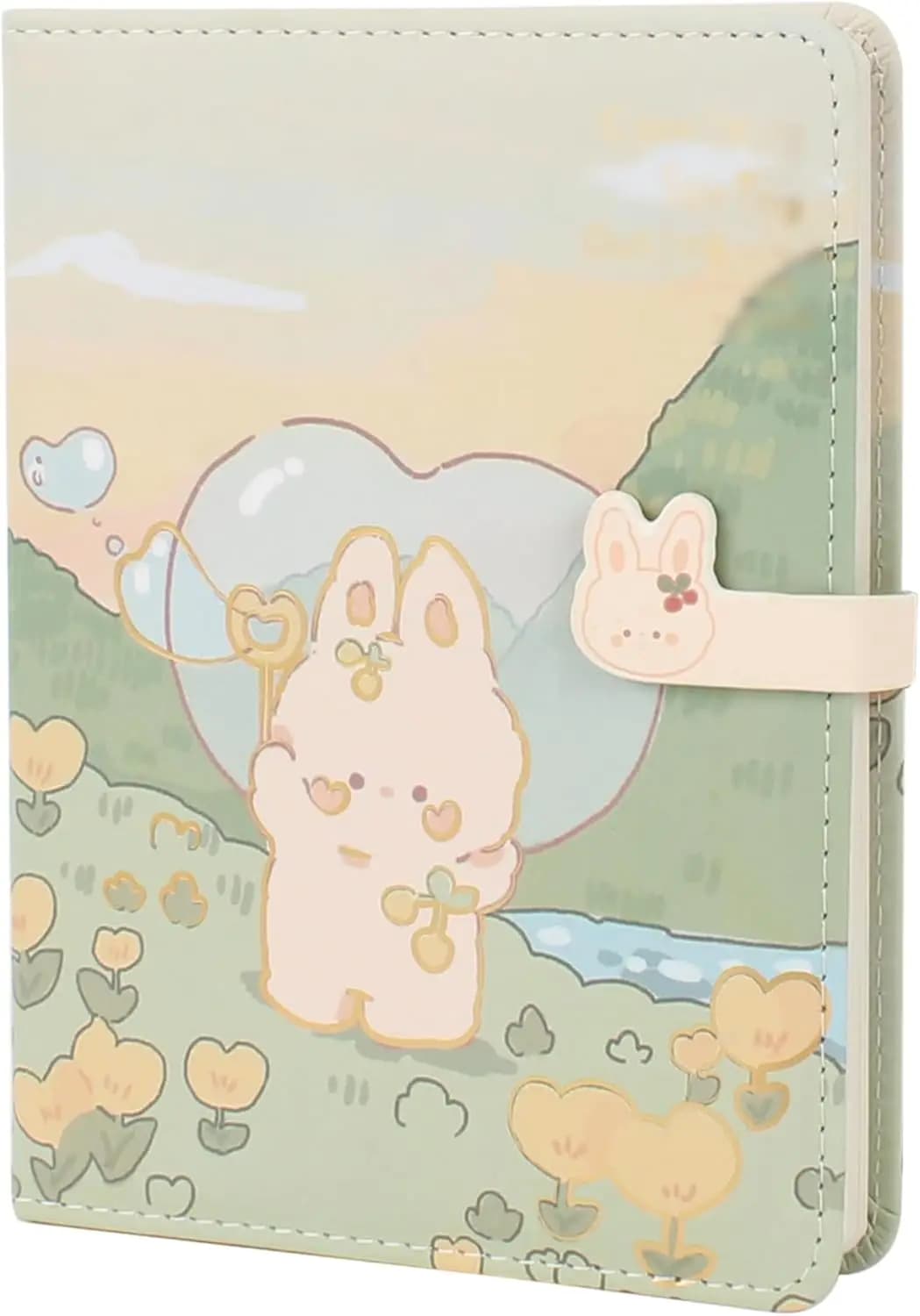 Kawaii Cartoon Notebook Leather Cover Diary with Magnetic Closure for Journaling, Green