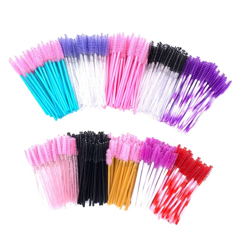 50 pcs. Polished Crystal Eyelash Applicator Disposable Nylon Disposable Handle Two Color Mascara Spoolies Rose Brushes