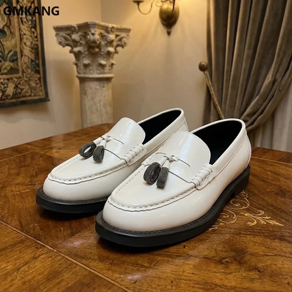 Genuine Leather Loafers Women String Bead Chain Fringe Flat Shoes Round Toe Slip-On Comfort Office Commuting Casual GMKANG