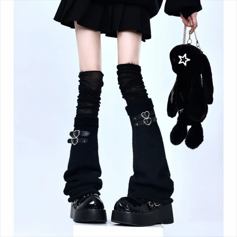 New Leather Buckle Knitting Leg Warmers Y2k Black Knee High Socks Breathable Over Knee Length Thigh High Socks Girls