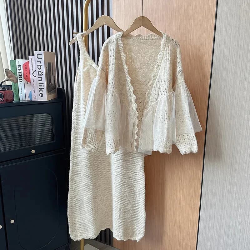 Fiori all'uncinetto Maglia con volant Cuciture maglione Cappotto Cardigan lavorato a maglia con aggancio impiombato increspato + Abito a canotta lavorato a maglia 2 pezzi Donna