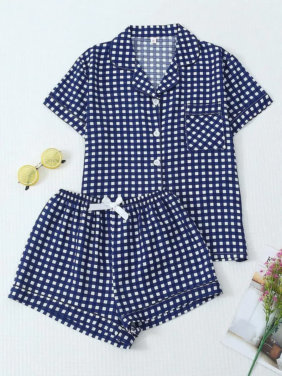 Womens Plaid Print Short Sleeve Button Collar Pajama Set Casual Summer Sleepwear Two Pieces