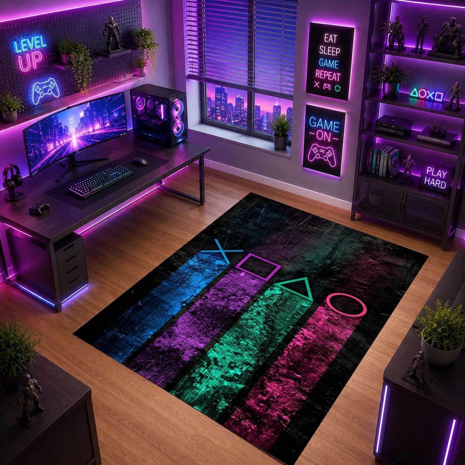 Carpet with game symbols in cyberpunk style, anti-slip carpet, suitable for living room, bedroom, bathroom, decoration for holiday home