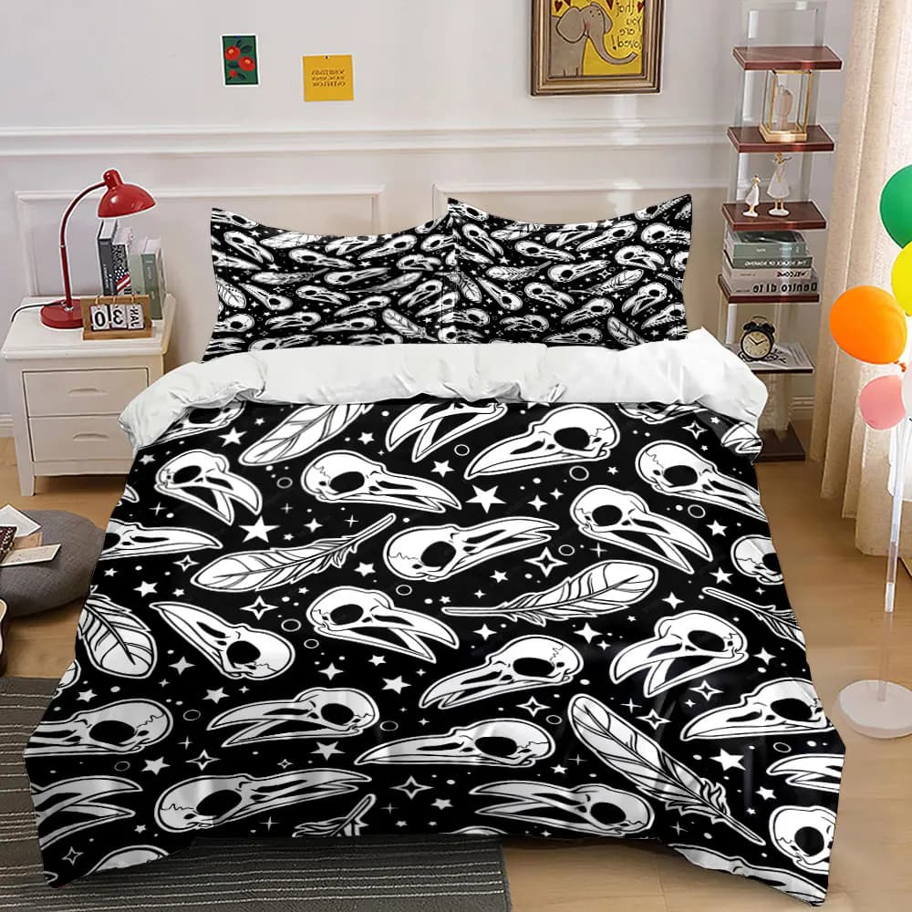 Set copripiumino con motivo teschio di corvo e piume, stampa digitale, biancheria da letto colorata in poliestere con chiusura a cerniera, per regali per bambini