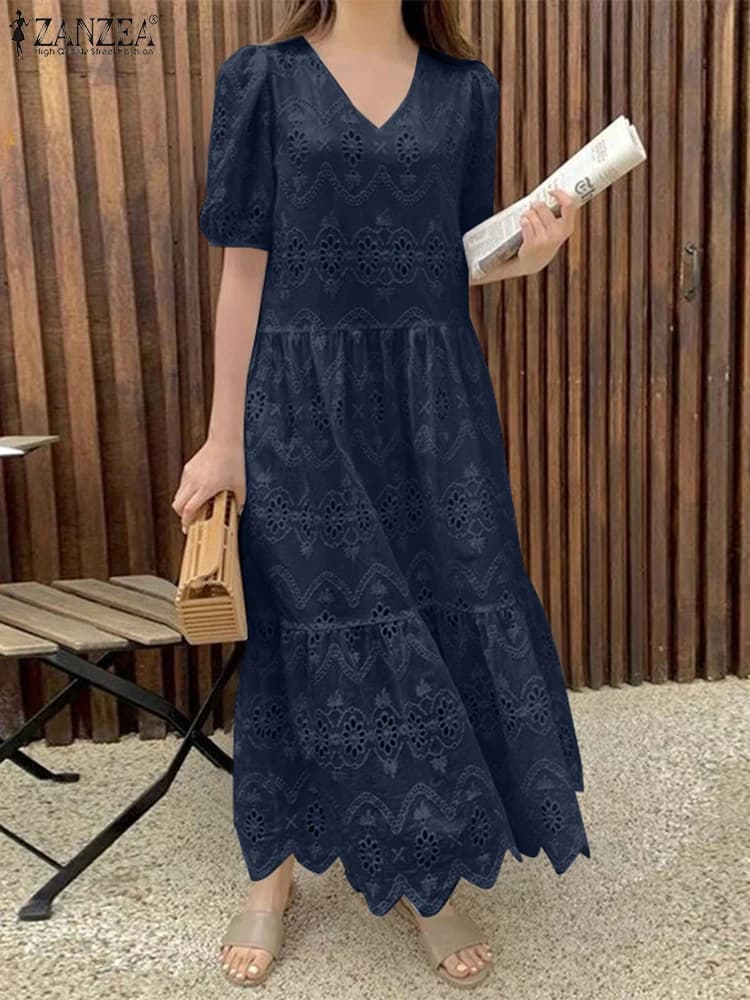 ZANZEA Donne Del Merletto Increspato Orlo Abiti Casual Allentato Solido Maxi Abiti di Modo Con Scollo A V Manica A Soffio Veste 2025 Abito di Cotone di Estate