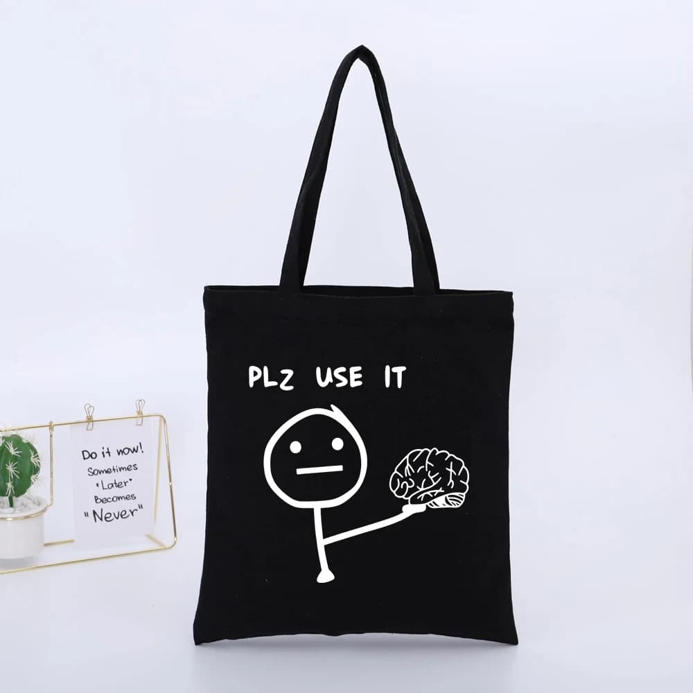 Stick Figure with Brain Slogan Canvas Tote Bag, Casual Street-style for Daily Shopping