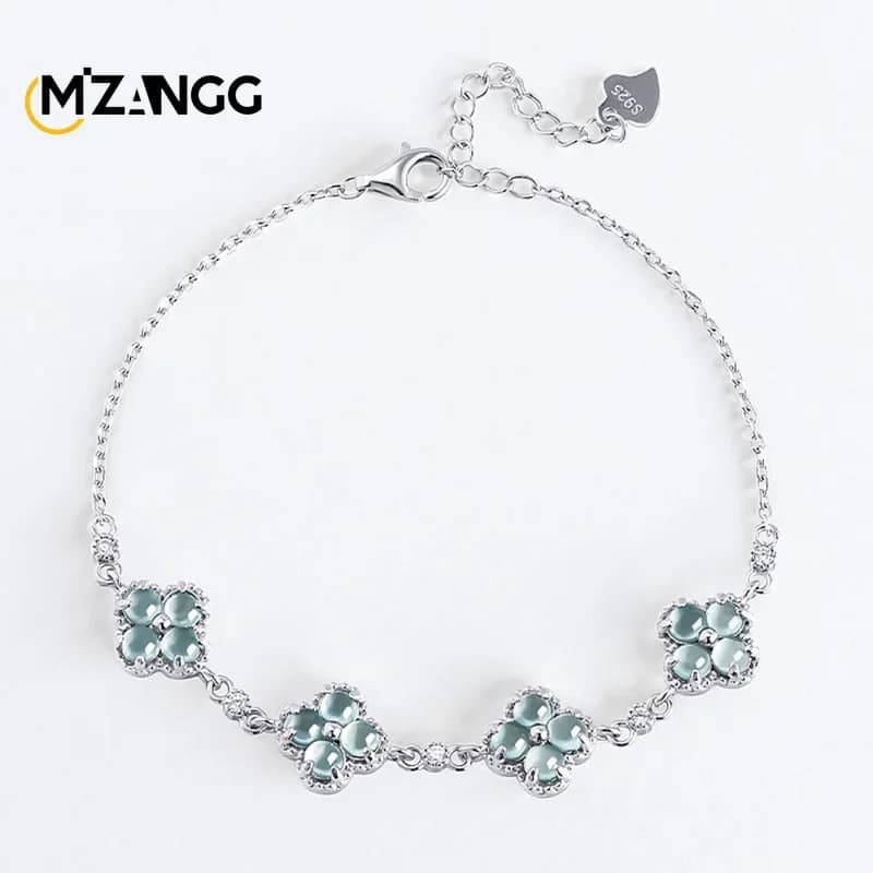 Natural Jadeite Blue Water Four-leaf Clover Bracelet S925 Silver Setting Premium Fashion Ice-type Jadeite Gemstone Ladies' Gift