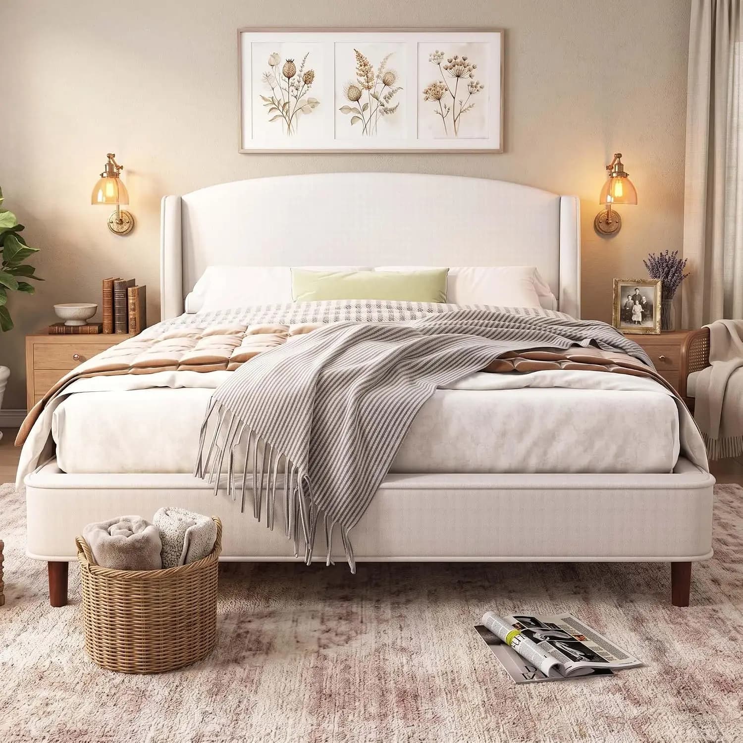 Cal King Size Linen Bed Frame with Wingback Headboard | Soft Upholstered Platform Beds/Mattress Foundation with, Customized