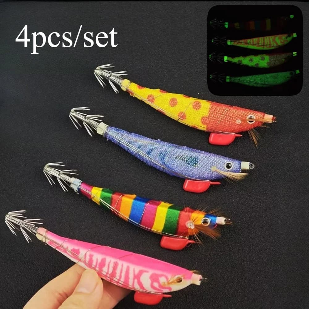 4 pz/set 12 centimetri Glow Gamberetti Jig Richiamo di Pesca Acqua Salata Luminoso Calamari Jig Gancio Gamberetti Gamberetti Richiamo Seppie Accessori Per la Pesca