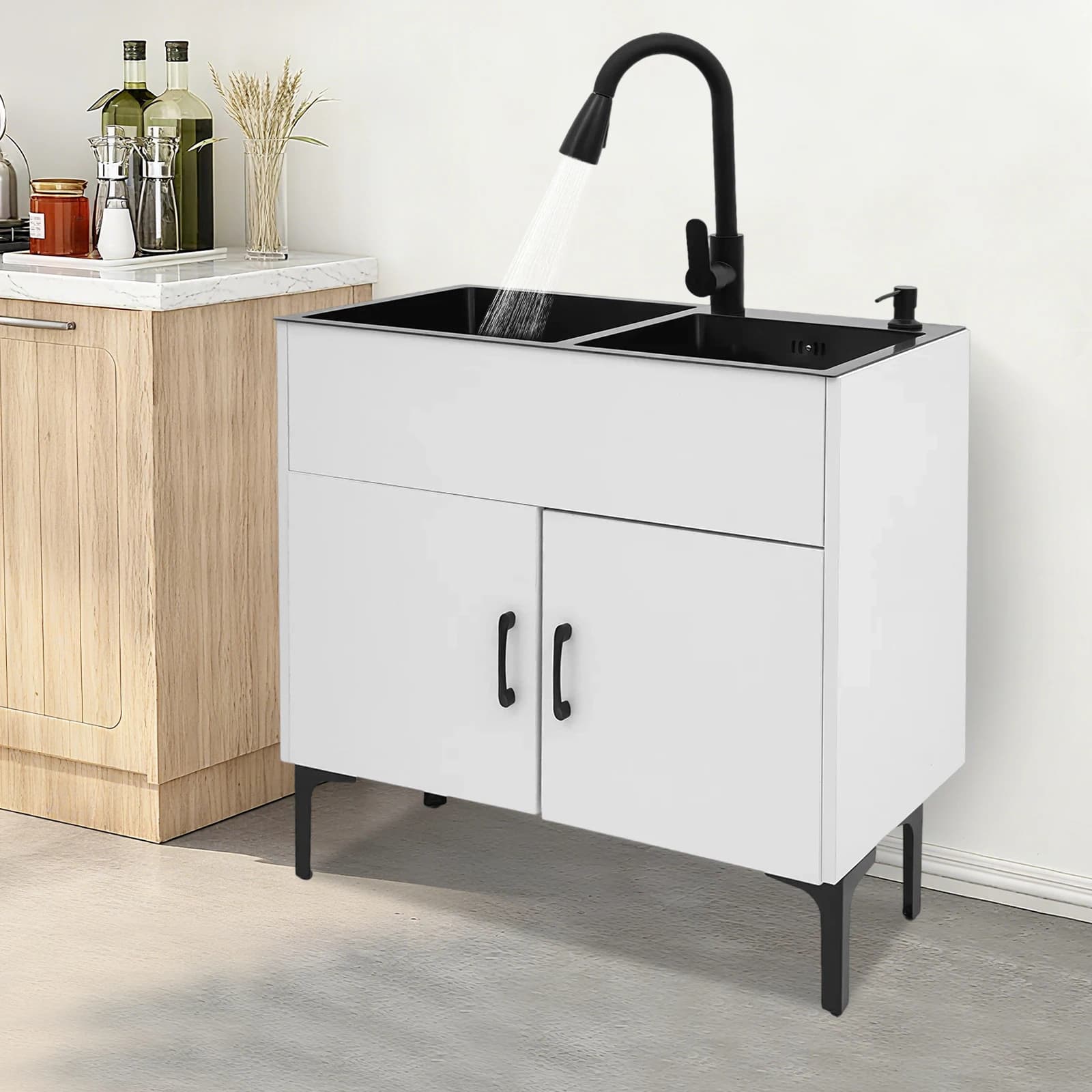 Mobile lavanderia indipendente da 75x41 cm con rubinetto estraibile, cestello di drenaggio, dispenser di sapone, scarichi per cucine, ristoranti