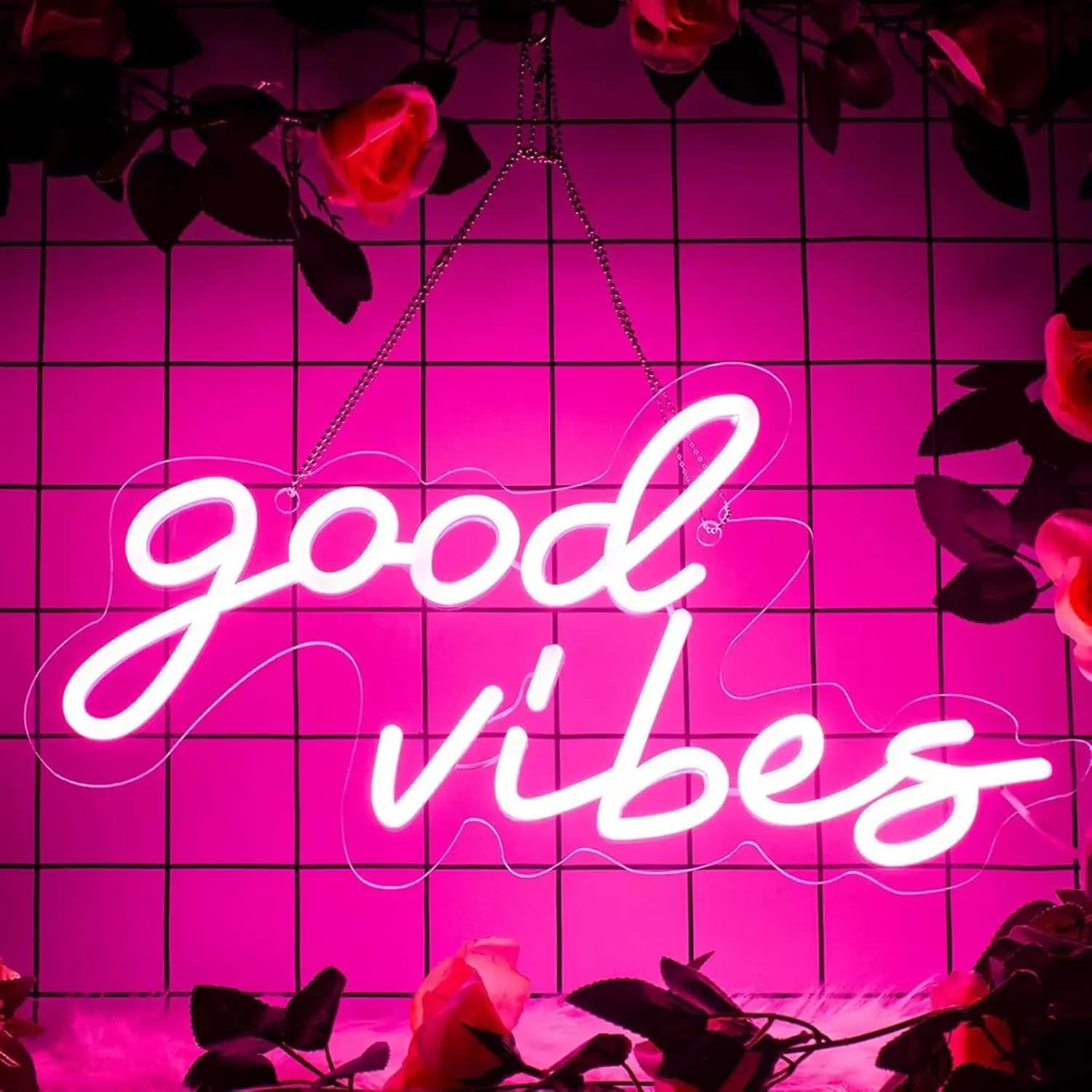 Insegna al Neon 'Good Vibes' per Decorazione Murale, Alimentazione USB, Luce LED Rosa Dimmerabile per Camera da Letto, Soggiorno, Dormitorio, Feste, Regali