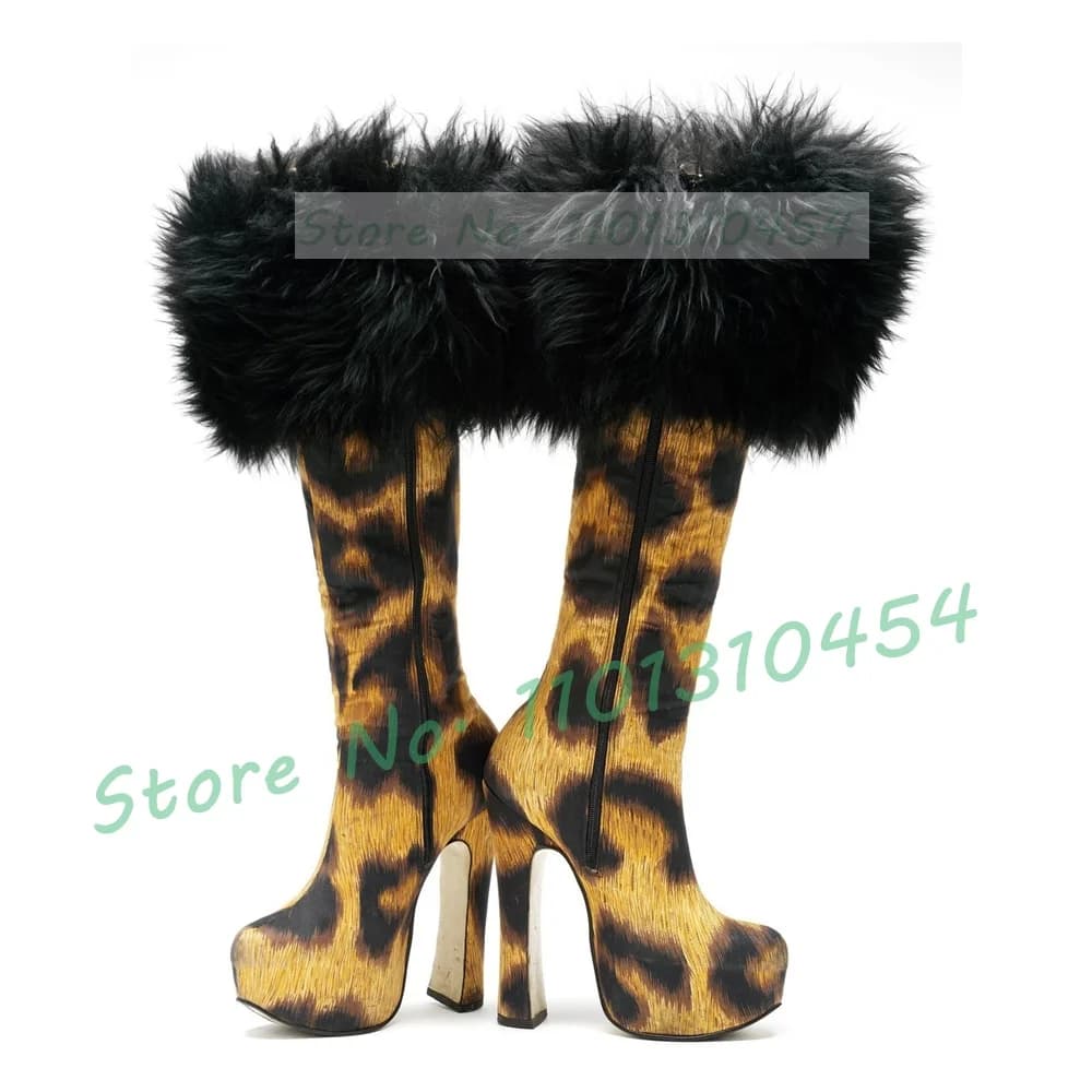 Stivali autunnali con plateau in pelliccia con stampa leopardata Stivali da donna con punta tonda e tacco alto Sfilata di moda da donna Scarpa alta al ginocchio unica per feste