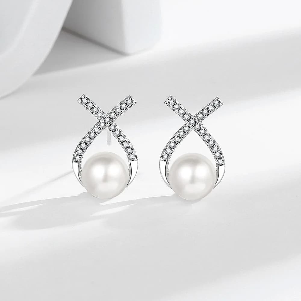 Eleganti Orecchini a Perno a Forma di X con Perle, Orecchini in Argento Completamente Decorati con Cristalli CZ, Orecchini Pendenti con Perle per Donna, Gioielli da Matrimonio