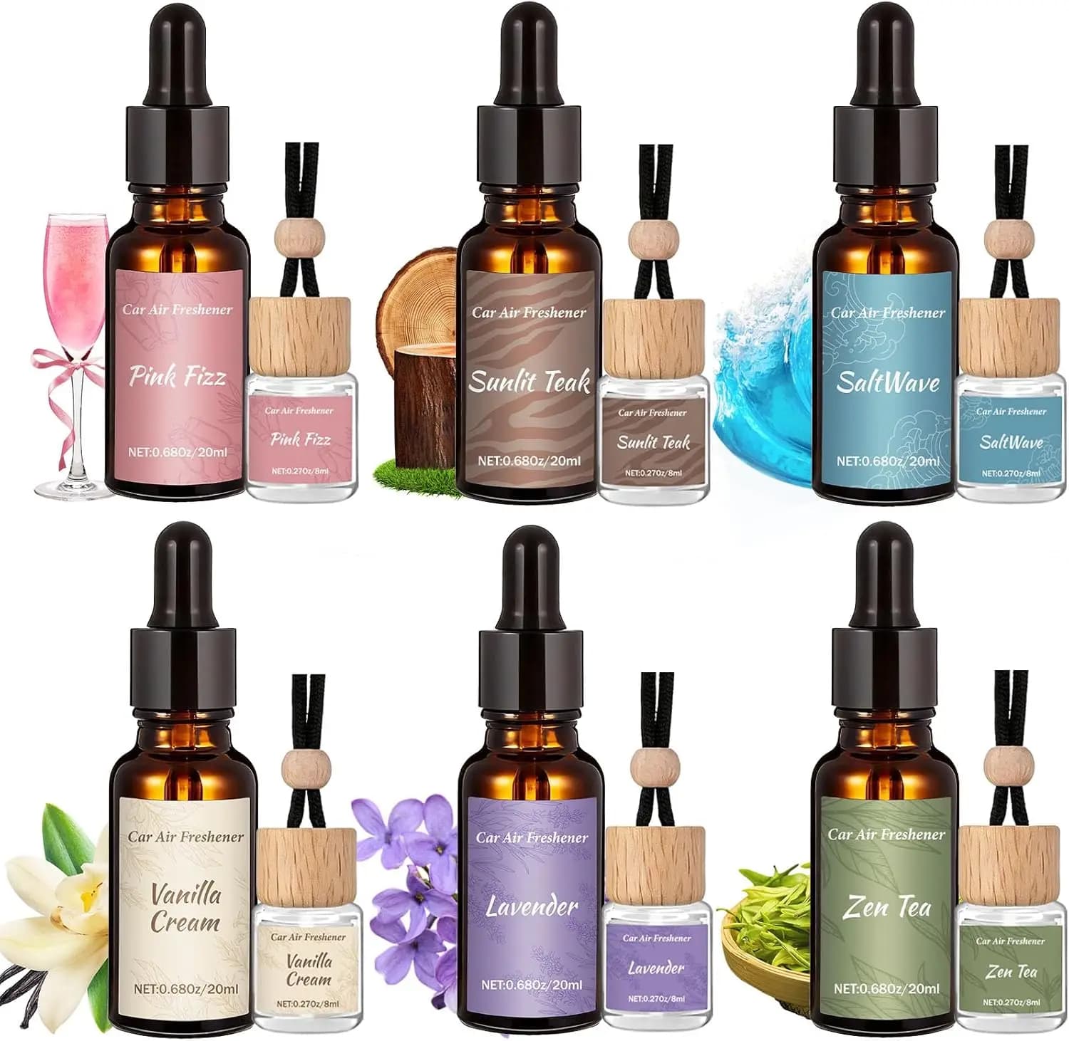 Confezione da 12 Ricariche per Deodorante Auto, Set Diffusore Sospeso a 6 Fragranze con Ricariche da 8ml+20ml, Profumo per Auto agli Oli Essenziali, Deodorante Auto Riutilizzabile