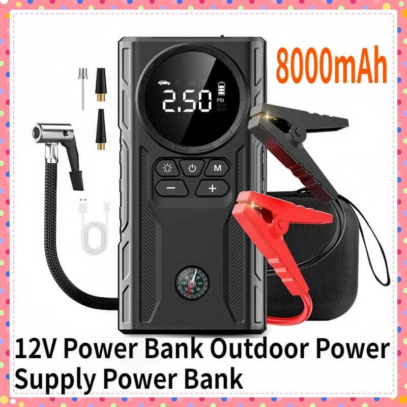 Pompa di gonfiaggio per auto portatile da 8000 mAh con avviamento di emergenza leggero Compressore d'aria per bicicletta Display di potenza Gonfiatore per pneumatici per auto per pneumatici per auto