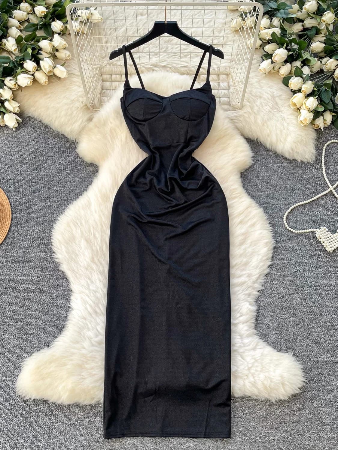 Abito Lungo da Donna Nero con Scollo a V e Spacco, Stile A-line, Vita Alta, Senza Spalline, Elegante e Lussuoso, per l'Estate, Ideale per il Lavoro